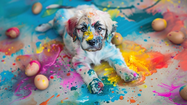 A cute puppy sits on a colorful painted floor with splashes of paint on its paws and nose