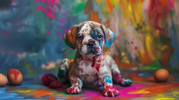 A cute puppy sits on a colorful painted floor with splashes of paint on its paws and nose