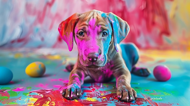 A cute puppy sits on a colorful painted floor with splashes of paint on its paws and nose