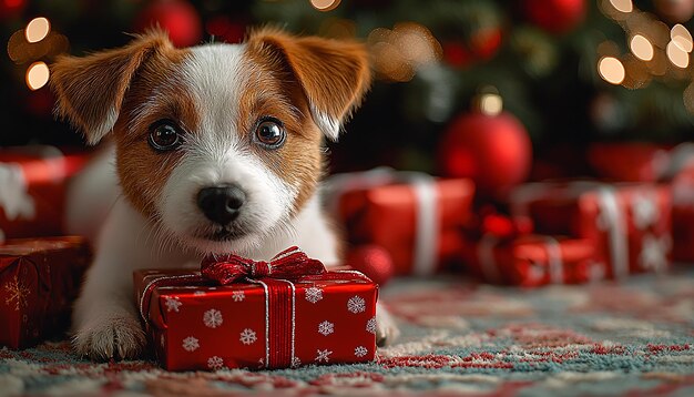 Photo cute puppy sitting by christmas tree looking happy generated by ai