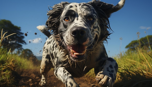 Cute puppy sitting on grass looking at camera playful generated by artificial intelligence