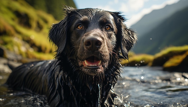 Cute puppy sitting in grass wet from swimming generated by artificial intelligence