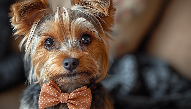 Photo cute puppy sitting looking at camera fluffy terrier generated by ai