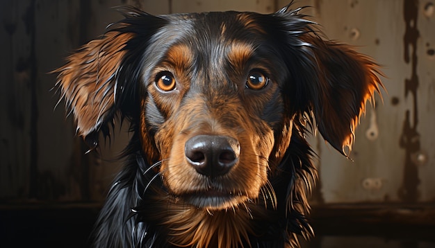 Cute puppy sitting looking at camera wet fur indoors generated by artificial intelligence