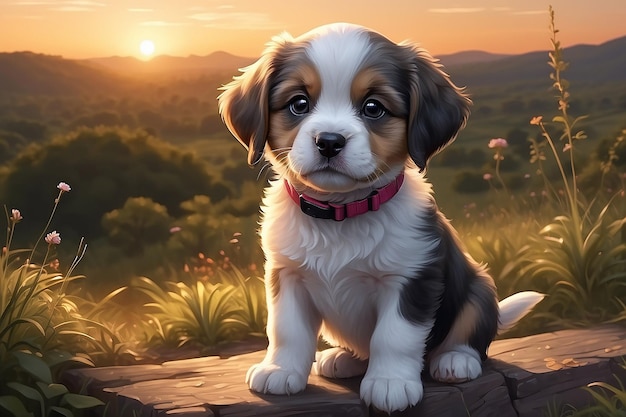 Cute puppy sitting outdoors looking at sunset enjoying nature generated by AI