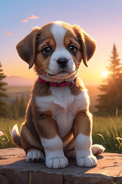 Cute puppy sitting outdoors looking at sunset enjoying nature generated by AI