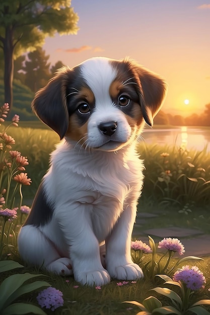 Cute puppy sitting outdoors looking at sunset enjoying nature generated by AI