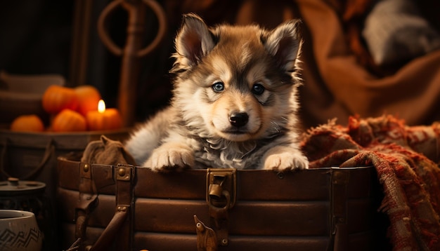 Cute puppy sitting outdoors playing with a fluffy toy generated by artificial intelligence