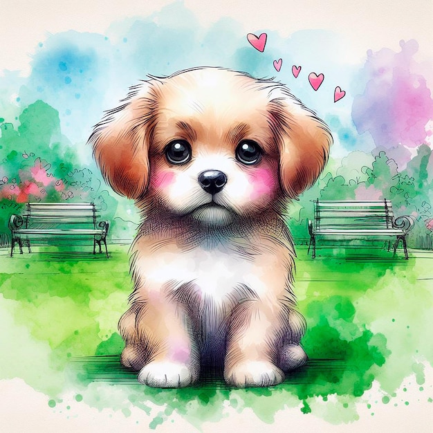 Cute puppy sitting on a park bench Watercolor painting