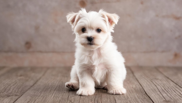 A cute puppy sitting on a wooden floor against a gray background