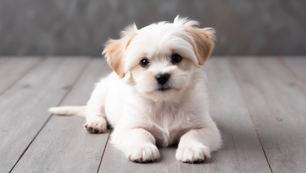 A cute puppy sitting on a wooden floor against a gray background