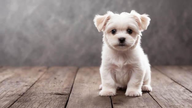 Photo a cute puppy sitting on a wooden floor against a gray background