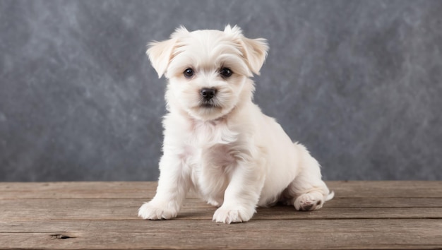 A cute puppy sitting on a wooden floor against a gray background