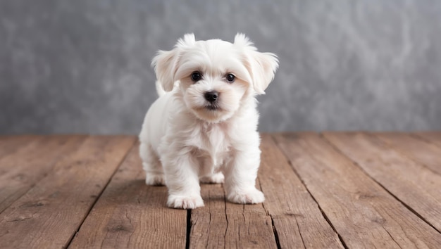 Photo a cute puppy sitting on a wooden floor against a gray background