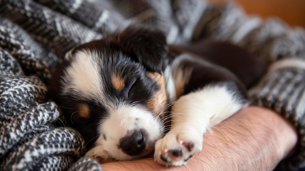 A cute puppy sleeping in a persons hand