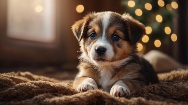 Photo cute puppy on a soft plaid in the sunshine