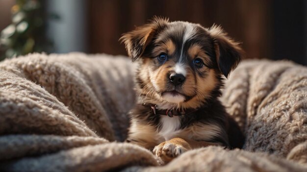 Photo cute puppy on a soft plaid in the sunshine