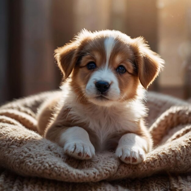 Photo cute puppy on a soft plaid in the sunshine