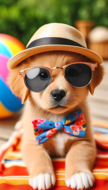 Photo a cute puppy in sunglasses posing outdoors