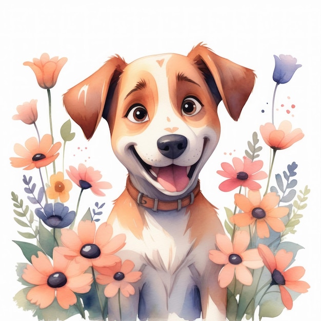 Cute puppy surrounded by colorful blooming flowers capturing the beauty of springtime and the innocence of the puppy