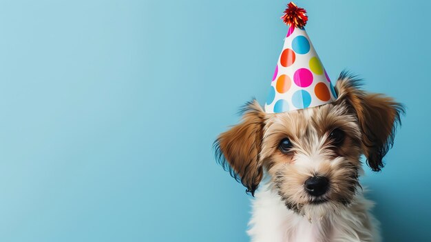 A cute puppy wearing a colorful birthday hat on a blue background