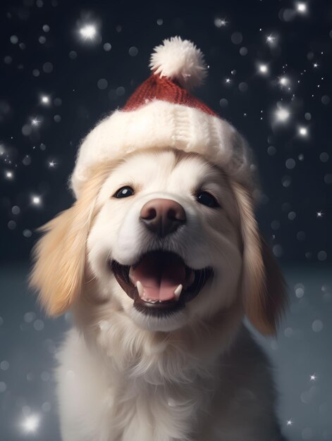 Cute puppy wearing knitted Santa hat on dark background with shinning snow falling Created with Generative AI technology