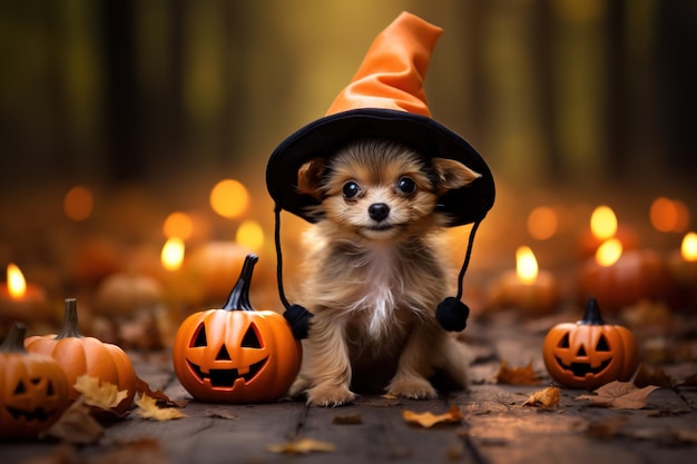 Cute puppy in witch hat on Halloween funny pet with pumpkins generative AI Portrait of little dog on orange background Hallowen party animal autumn and October concept