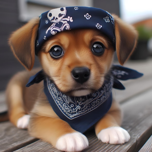 cute puppy with big expressive eyes wearing a blue bandana with a skull and crossbones design