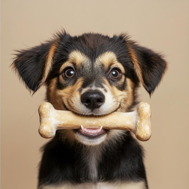 A cute puppy with a playful expression holds a bone in its mouth against a brown background