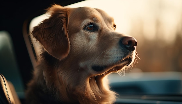 Cute purebred puppy sitting in car looking outdoors generated by AI