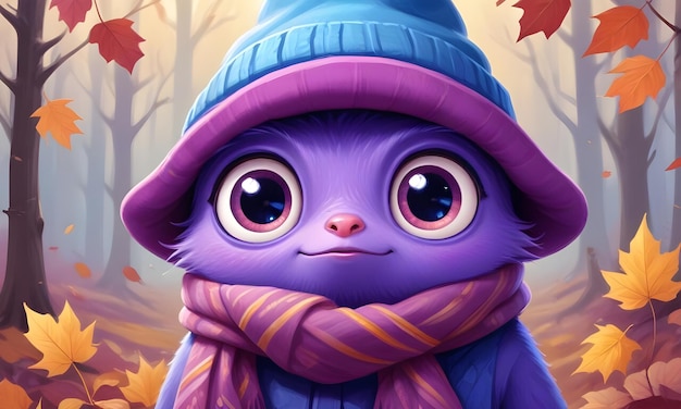 A cute purple creature with large eyes and adorable expressions