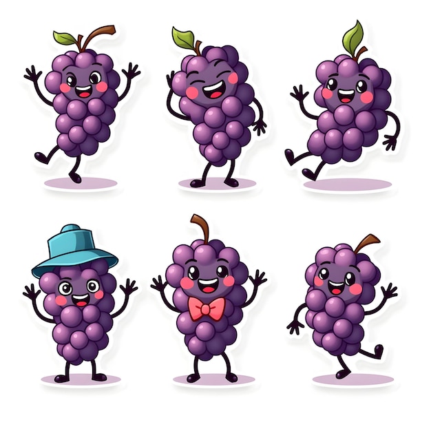 Photo cute purple grape cartoon grape grape character facial expressions grape poses cute fruit chara