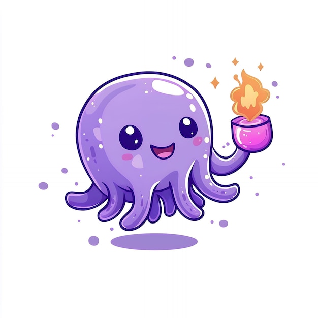 Photo cute purple octopus holding a flaming cup