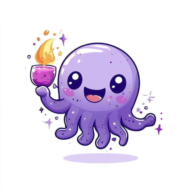 Photo cute purple octopus holding a lit candle