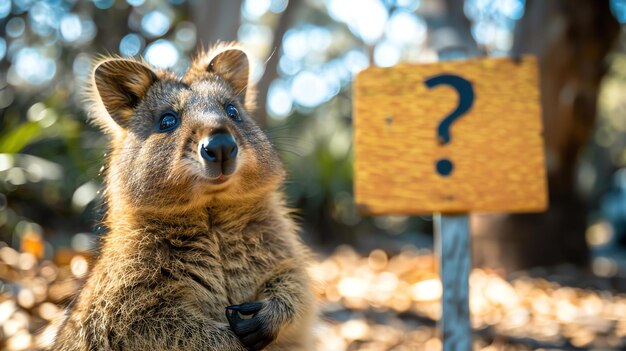 Photo a cute quokka is standing in front of a wooden sign with a question mark on it