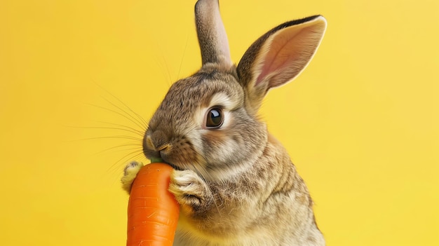 A cute rabbit eats a carrot against a yellow background