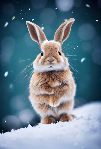 cute rabbit on falling snow background 3d illustration