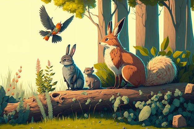 Cute rabbit fox and birdie sitting on branch illustrated illustration of wild life cartoon banners with woodland animals and bird on scenery nature and landscape environment protection emblems with