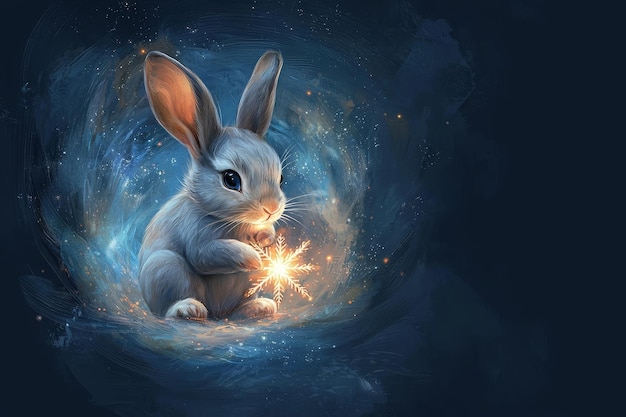 Cute Rabbit Holding a Shining Snowflake in a Magical Night Sky