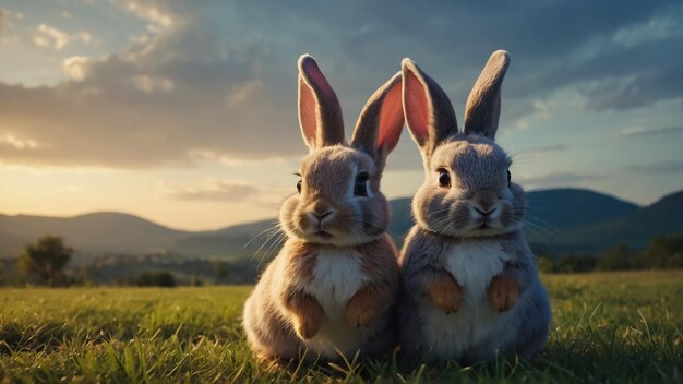 Cute rabbit Pair of Rabbit in mid of flowers in Happy mode