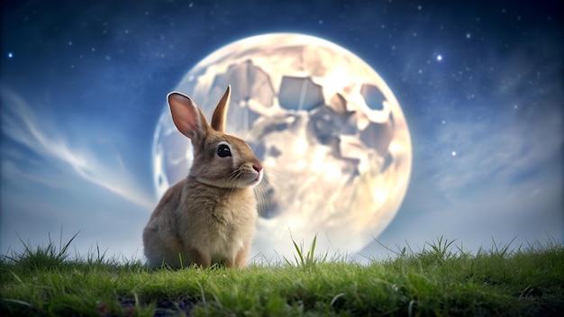 Photo cute rabbit sitting under full moon photo