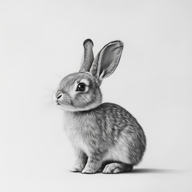 Cute rabbit sitting on white background black and white photo