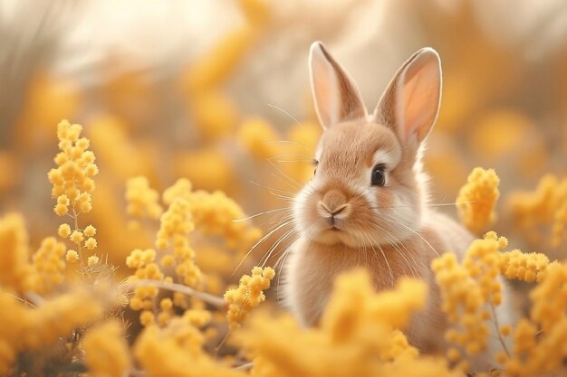 Cute rabbit in spring flowers Happy easter