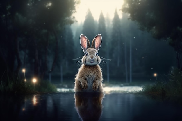 Cute Rabbit Standing in Lake Water with Forest Nature Landscape Background at Night