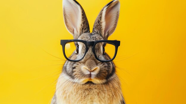 A cute rabbit wearing glasses looks at the camera against a bright yellow background