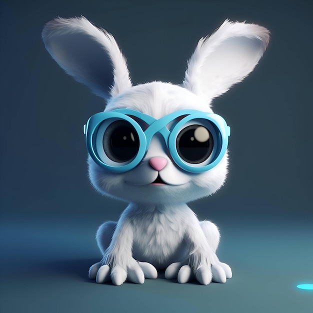 Cute rabbit with blue sunglasses and blue eyes on blue background