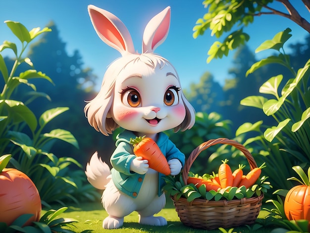 Cute rabbit with a carrot basket