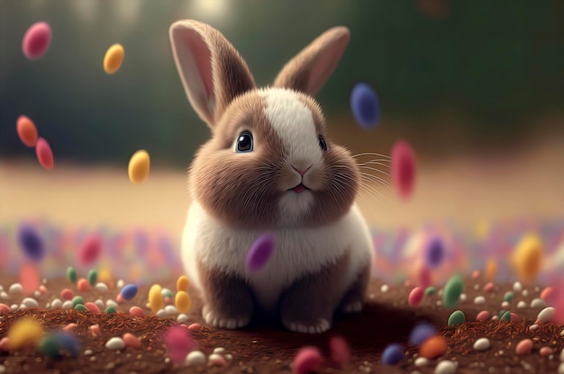 Cute rabbit with colorful easter eggs falling