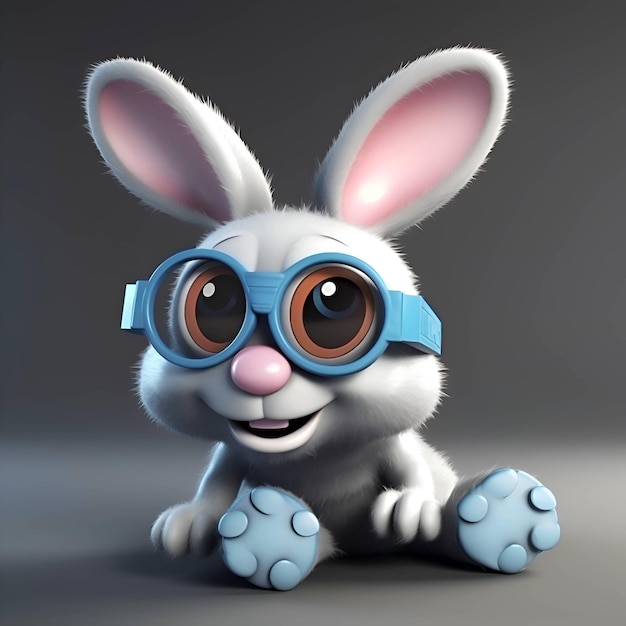 Cute rabbit with glasses on gray background 3D rendering