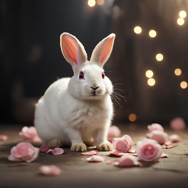 cute rabbit with pink flowers decoration